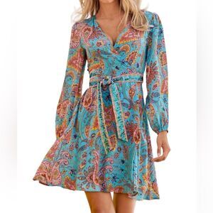 Boston Proper Beach Paisley Embellished Printed Wrap Dress New Size Large